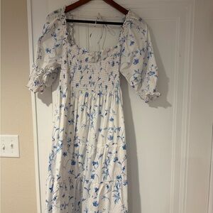 Hill House White and Blue Floral Midi Dress